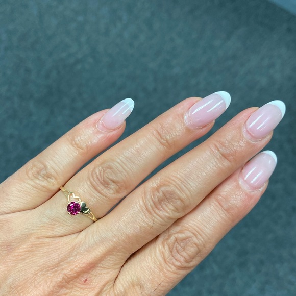 Solid 14K Yellow Gold Red Heart CZ Engagement Ring - Picture 12 of 14